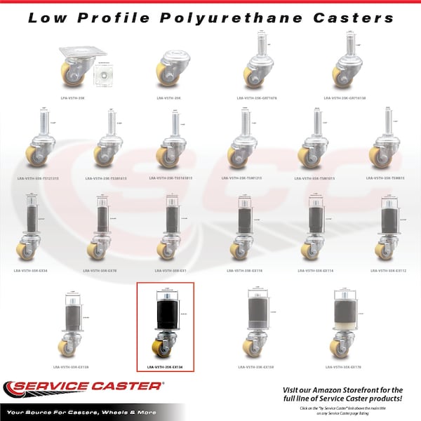 Low Profile Polyurethane 35mm Wheel 1-3/4 Inch Expanding Stem Caster, 4PK